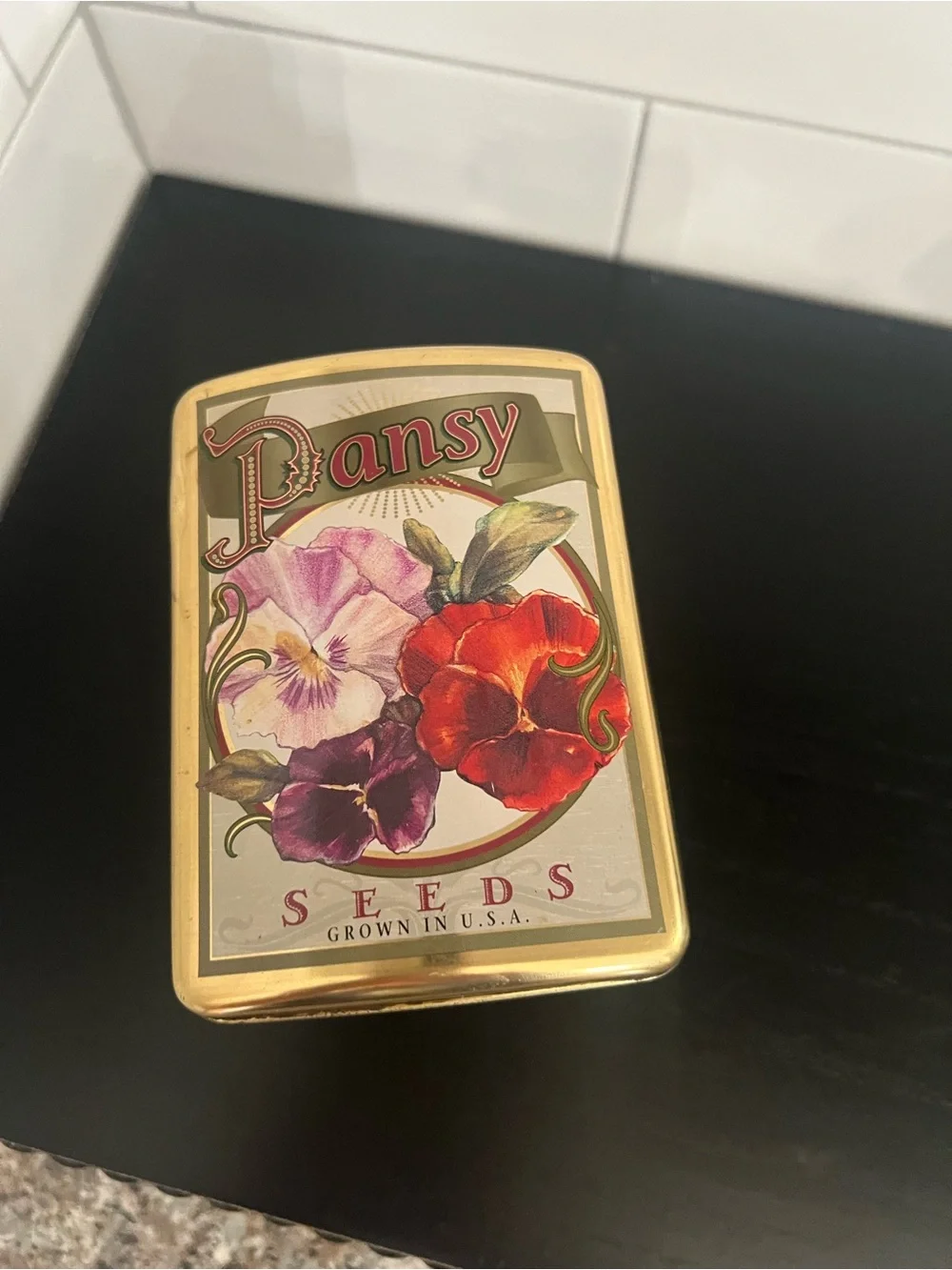 Decorative Garden Pansy Seeds Tin Storage Box - Gold and Brown